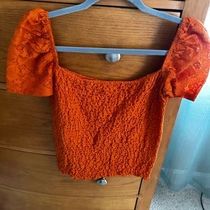 EXPRESS One Eleven line cap sleeve crop top runched bodice never worn women’s S